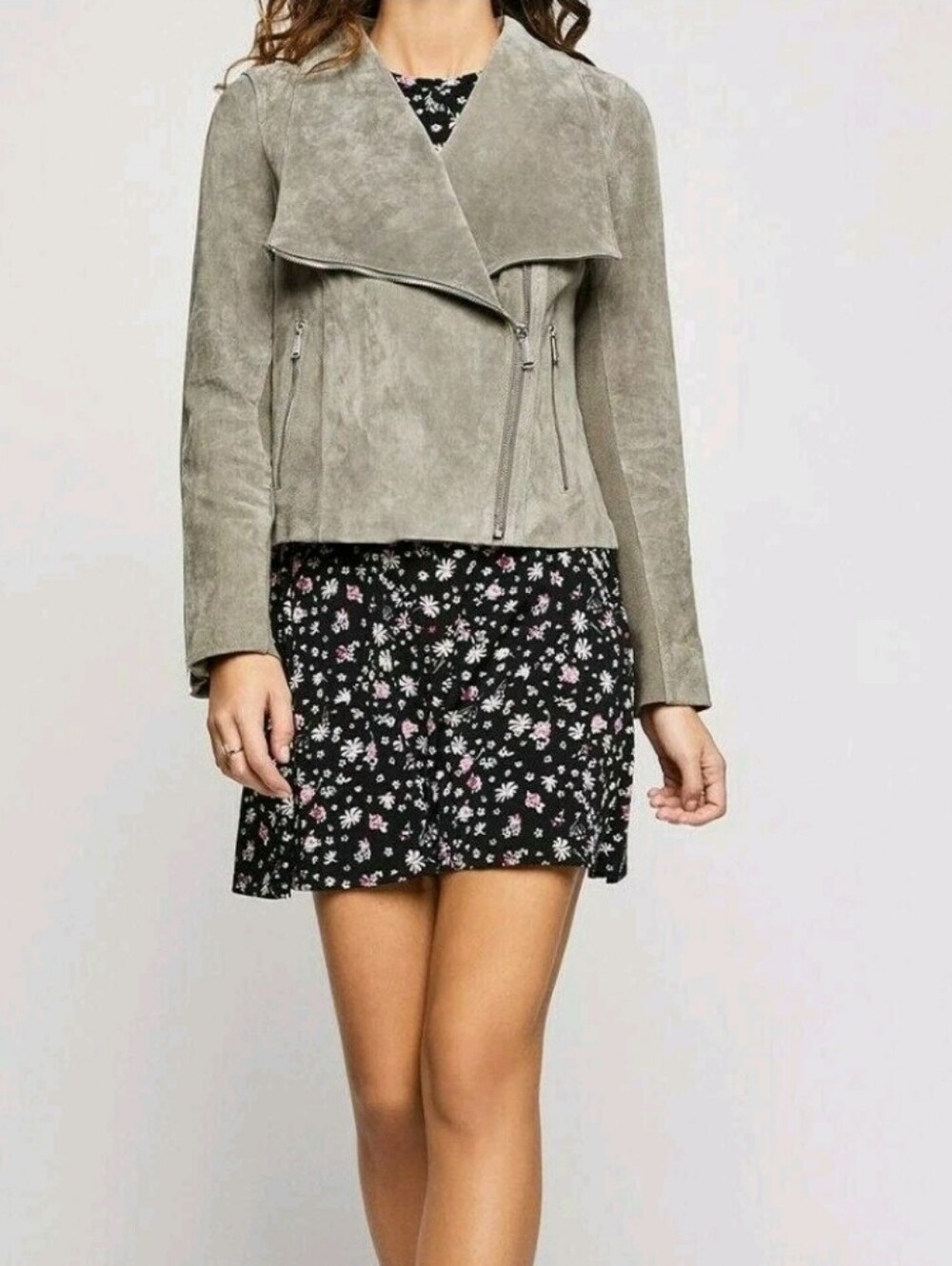 BCBGeneration Light Gray Suede Asymmetrical Zipper Moto Jacket S